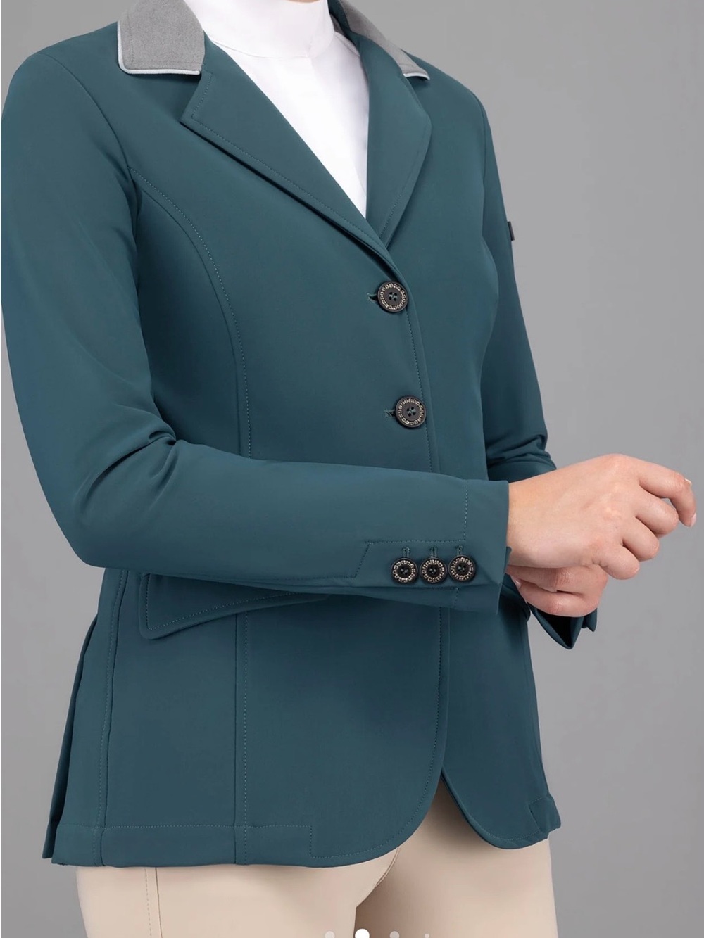 Women’s Teal Riding-Style Blazer with Contrast Collar